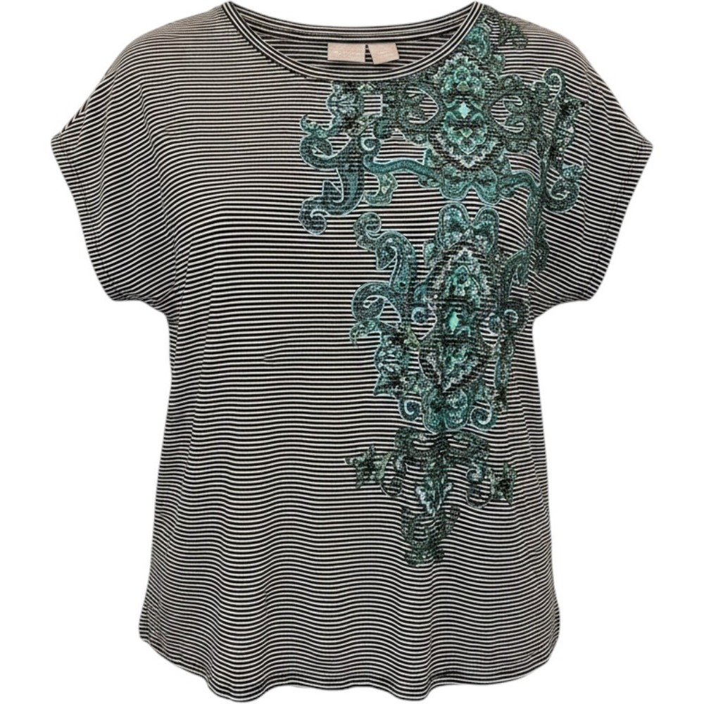 Chicos Zenergy Striped Paisley Graphic Tee Black‎ White Teal Size 1 US 8/10